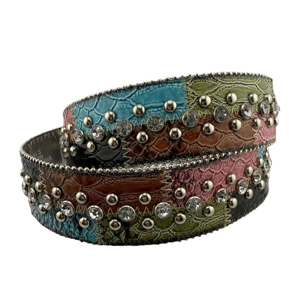 Guess Y2K cowboy RHINESTONE studded belt Patchwork embossed WESTERN Size M EUC - Picture 3 of 5